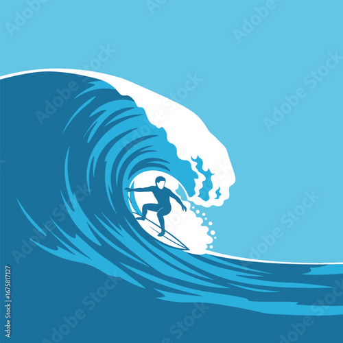 Silhouette of a surfer riding a large, curling ocean wave, enjoying the water.