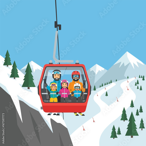 A family enjoys a ski lift ride up a snowy mountain, smiling and happy.