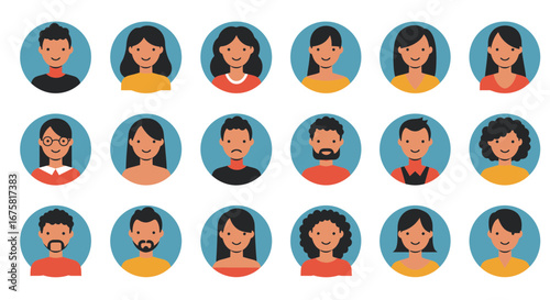 Collection of diverse cartoon characters in round frames for profile pictures