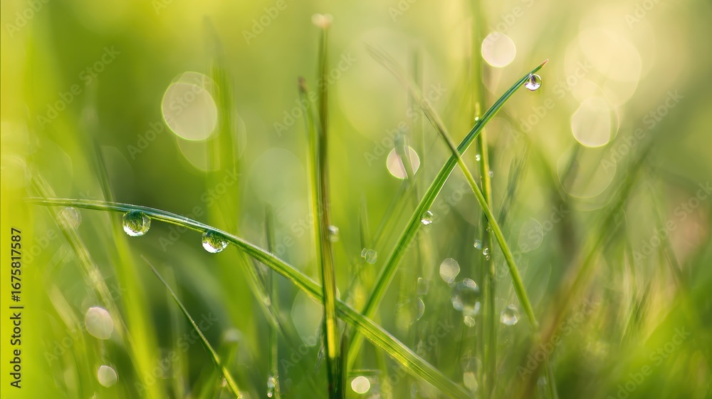 Fototapeta premium Fresh spring morning scene with glistening dew drops on delicate green grass blades.