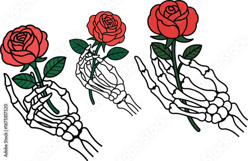 Skeleton Hands Holding Red Roses Gothic Print Design