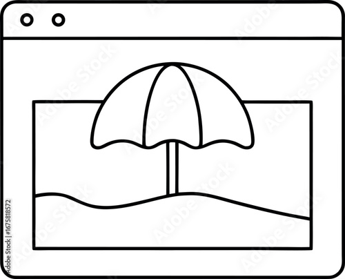 Line art illustration of beach scene within a website window conveying a vacation theme for website design mockups and applications