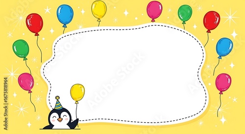A cheerful, cartoon penguin with a party hat holds balloons, surrounded by a blank frame perfect for a celebration.