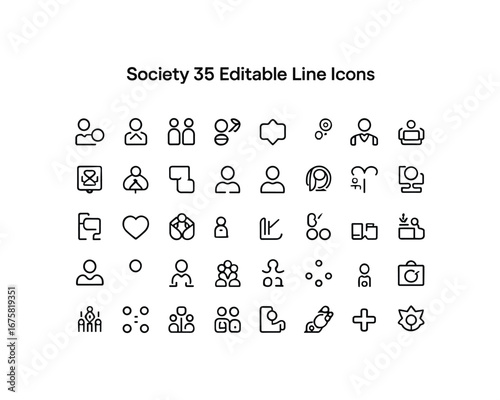 Set of 35 editable line icons representing society people and community concepts white background