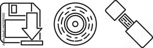 Data Storage Icons Floppy Disk CD and USB Drive Line Art