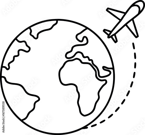 World travel icon depicting a globe and airplane with flight path ideal for travel agencies and transportation industries worldwide promotions