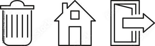 Minimalist Icon Set Trash Can Home and Exit Symbol in Black Outline