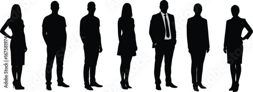 Silhouettes of diverse business professionals in formal and casual attire, standing in a row, isolated on a white background