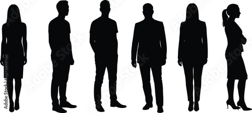 Silhouettes of diverse business professionals in formal and casual attire, standing in a row, isolated on a white background