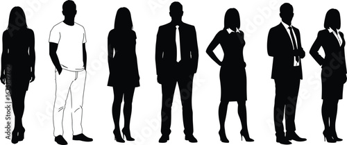 Silhouettes of diverse business professionals in formal and casual attire, standing in a row, isolated on a white background