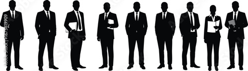 Silhouettes of diverse business professionals in suits, holding documents and briefcases, standing in a row, isolated on white background