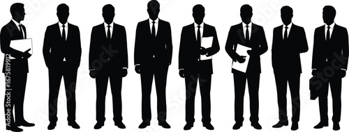 Silhouettes of diverse business professionals in suits, holding documents and briefcases, standing in a row, isolated on white background