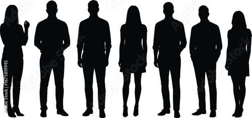 Silhouettes of diverse group of people, standing in different poses, casual and formal attire, isolated on white background