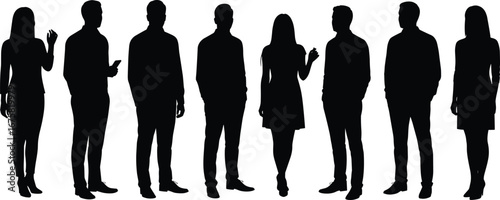 Silhouettes of diverse group of people, standing in different poses, casual and formal attire, isolated on white background