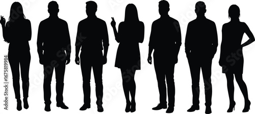 Silhouettes of diverse group of people, standing in different poses, casual and formal attire, isolated on white background