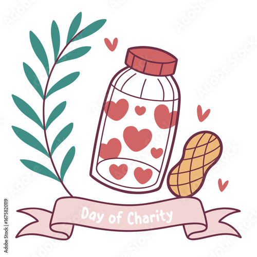 Cartoon jar filled with hearts stands alongside a peanut and a banner transparent background