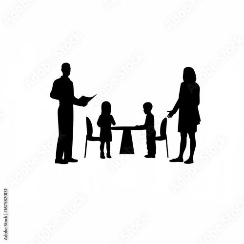 Adoption counselor introducing child to parents silhouette isolated on white background