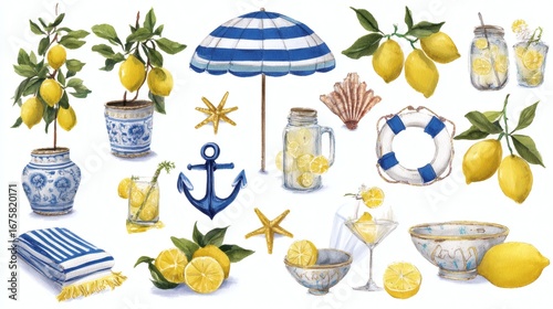 Summer vacation watercolor illustration set, vector hand drawn Italian coast sea print, beach lounge. Yellow lemonade citrus bottle, seafood picnic oyster, swimming suit, boat, shell. Summer vacation