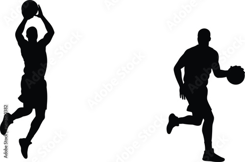 Silhouettes of two basketball players performing jump shots and dribbling with basketball, action, movement, and dynamic athletic poses