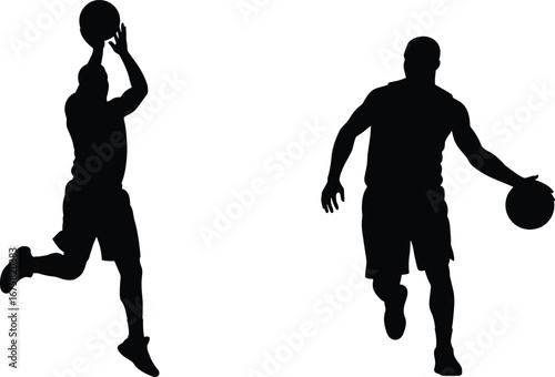 Silhouettes of two basketball players performing jump shots and dribbling with basketball, action, movement, and dynamic athletic poses