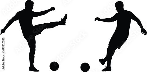 Silhouettes of two soccer players practicing freestyle ball control, skill moves, and football tricks on a white background