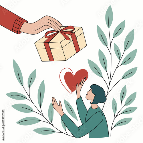 Hand in a red sweater gives a gift to a smiling woman