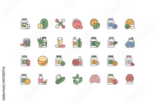 Collection of hand drawn food and drink jars with fresh ingredients artfully arranged white background
