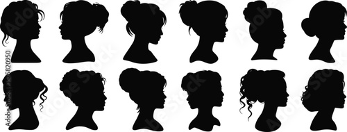 Vector silhouettes of women with different hairstyles, including buns and updos, ideal for fashion, beauty, and hairstyling design themes.