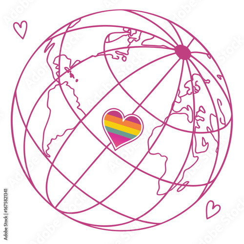 Pink world globe outline shows continents, with a rainbow heart and scattered hearts