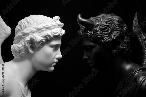 Two figures of an angel and a demon opposite each other, white and black. The confrontation of good and evil