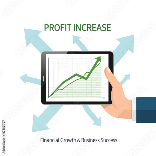 Hand holding a tablet displaying a green upward trending graph, symbolizing profit increase and financial growth with surrounding arrows.