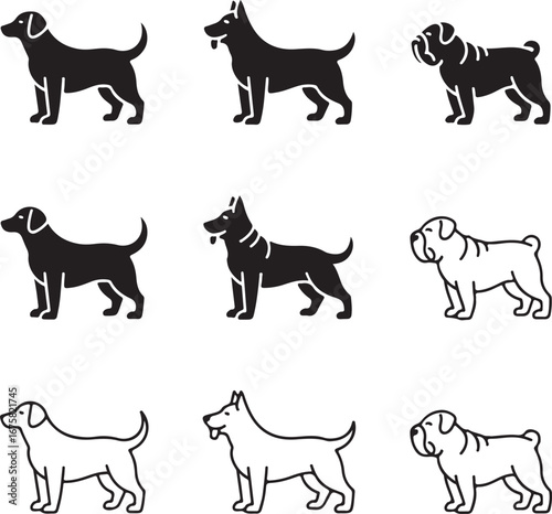 Black and white dog icons set of three breeds in silhouette and outline dogs pets