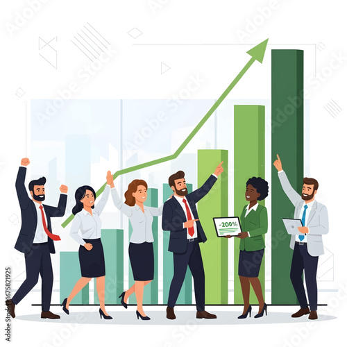 A diverse team of business professionals celebrates success with rising bar graphs and an upward trending arrow, symbolizing growth and achievement.