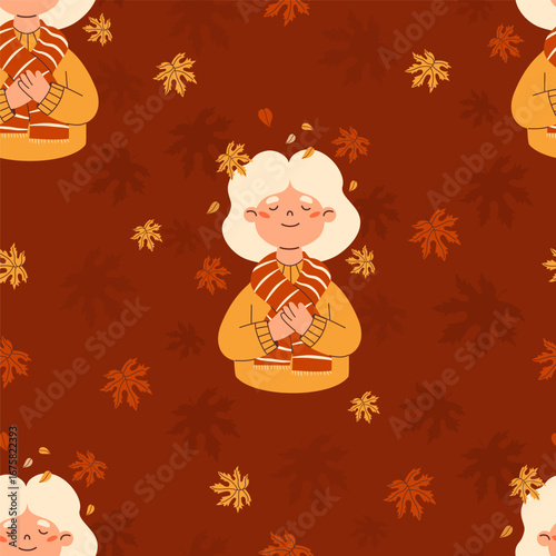 Autumn seamless pattern. Elderly Blonde Woman on Brown Background with fall maple leaves. Vector autumnal illustration for seasonal design, packaging, wallpaper and textile. Not AI