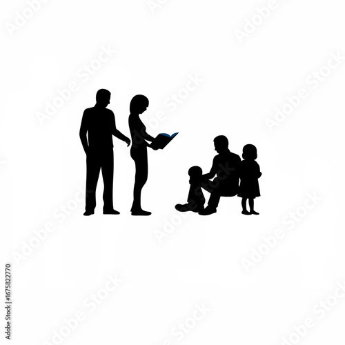 Adoption counselor reading storybook to child with parents silhouette on white background isolated on white background