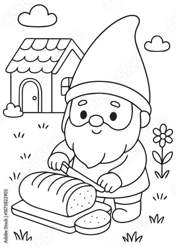 Coloring book gnome slicing fresh bread in front of his home.