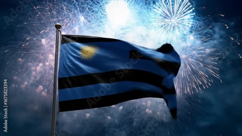 A vibrant national flag billows against a spectacular fireworks display.