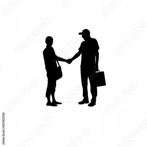 Adoption counselor and father shaking hands silhouette isolated on white background