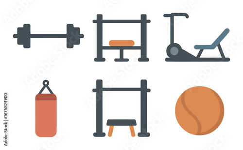 Neon fitness icons: dumbbell, bench press, scooter, gym equipment, punching bag, tennis ball