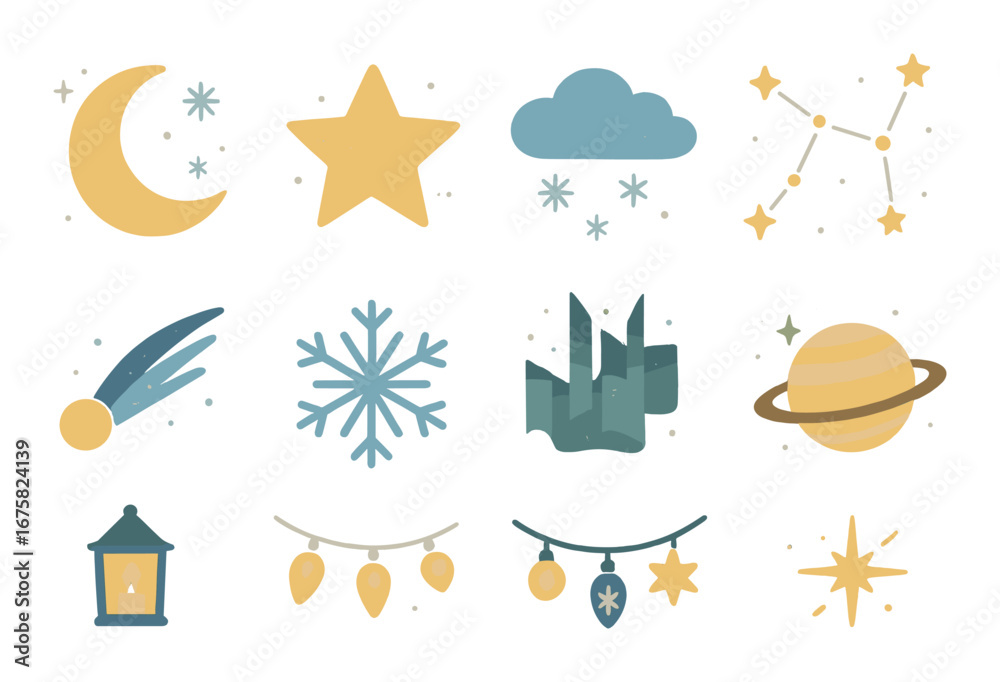 Naklejka premium Celestial and winter symbols: moon, star, cloud, constellation, snowflake, lantern, decorations