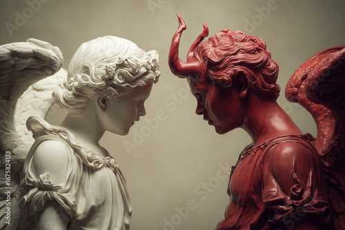 Two figures of an angel and a demon opposite each other, white and black. The confrontation of good and evil