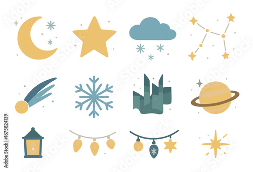 Celestial and winter symbols: moon, star, cloud, constellation, snowflake, lantern, decorations
