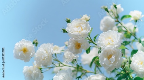 White roses blooming under a blue sky, perfect for garden imagery, spring celebrations, or floral backgrounds.