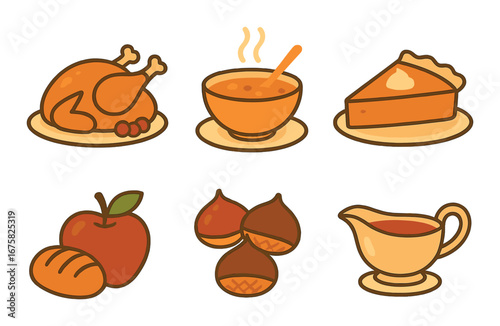 Autumn harvest feast: turkey, soup, pie, apple, chestnuts, gravy