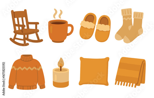 Cozy autumn essentials: warm sweater, hot drink, slippers, blanket, candle, rocking chair