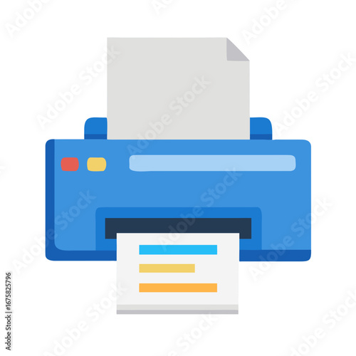 Blue Printer with Paper Document Illustration - Flat style illustration of a blue office printer printing documents, symbolizing office equipment, paperwork, printing service, and business tasks.
