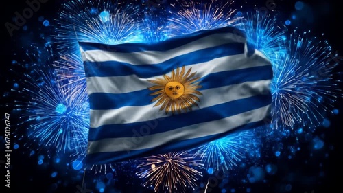 The Uruguayan flag billows proudly against a backdrop of vibrant fireworks.