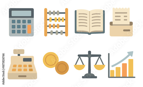 Accounting tools and financial icons including calculator, abacus, ledger, receipt, cash register, coins, scales, growth chart
