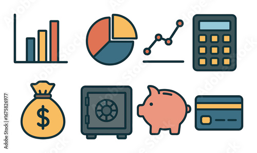 Financial icons set featuring charts, calculator, money bag, safe, piggy bank, and credit card