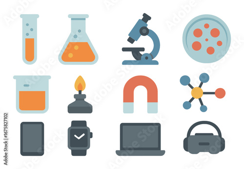 Colorful laboratory and technology icons including beaker, microscope, and magnet